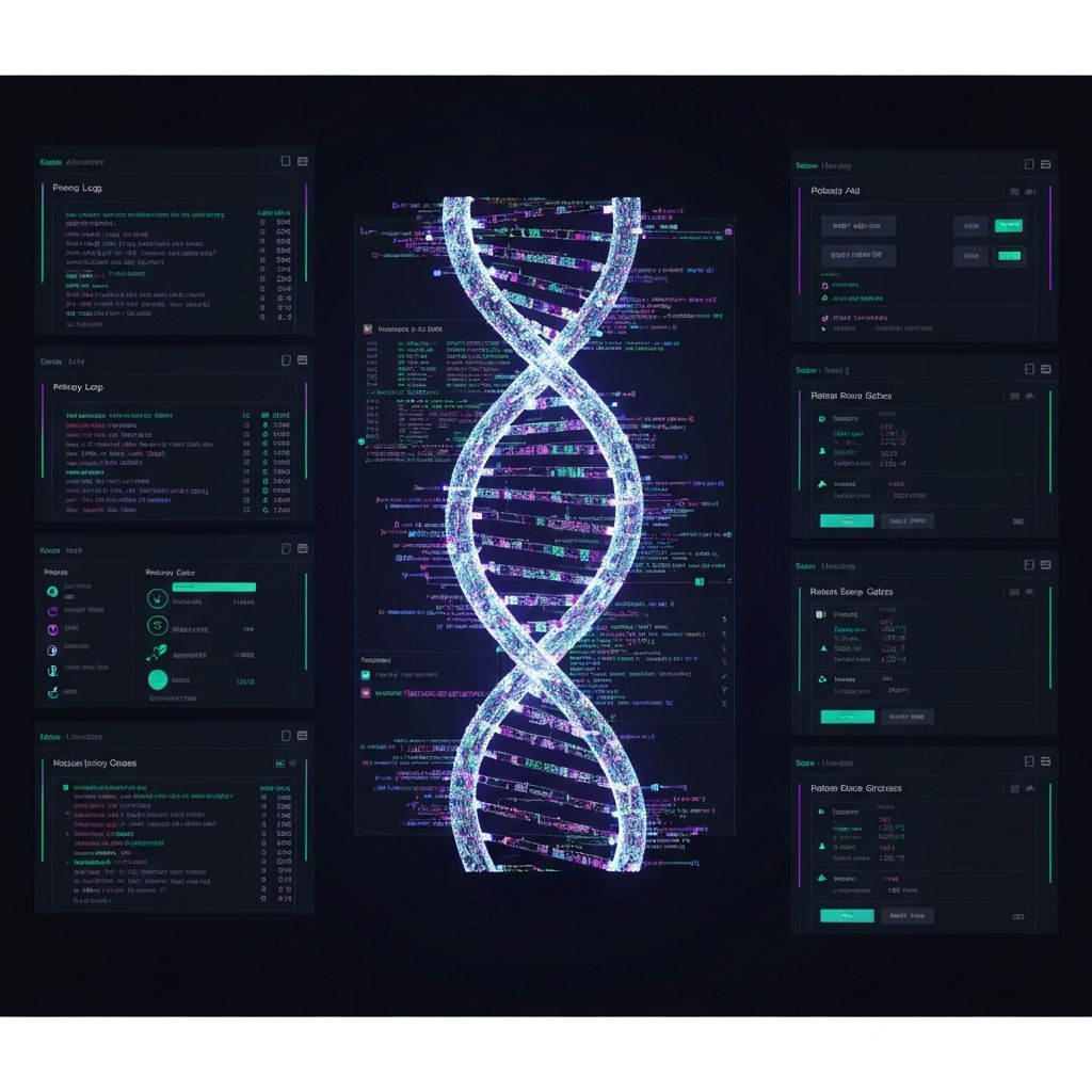 Autonomous AI system visualized as a glowing double helix with surrounding control panels