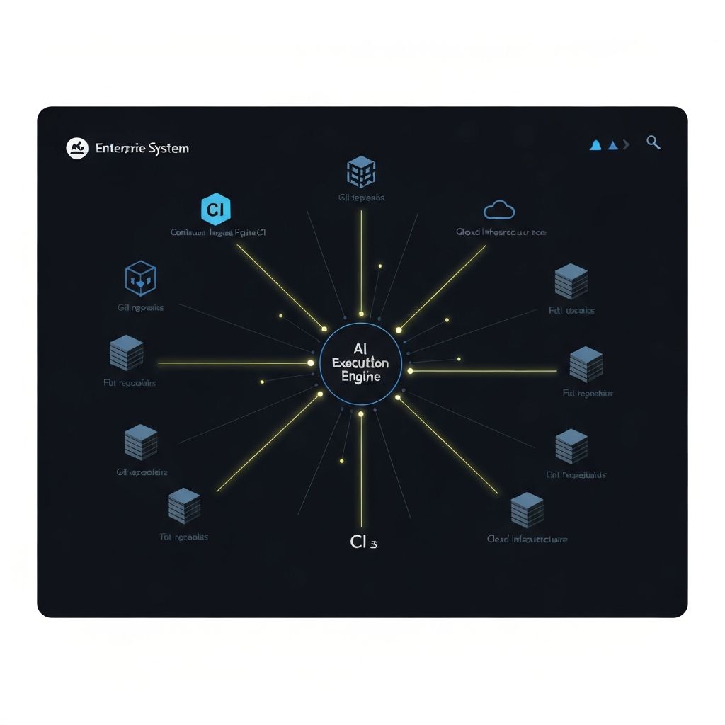 System integration diagram showing a central AI execution core connected to Git, CI, and cloud infrastructure